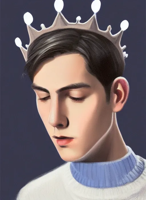 Image similar to portrait of teenage jughead jones wearing a light grey crown, crown, blue turtleneck, 1 9 5 0 s, closed eyes, photorealistic, black hair, glowing lighting, intricate, elegant, glowing lights, highly detailed, digital painting, artstation, concept art, smooth, sharp focus, illustration, art by wlop, mars ravelo and greg rutkowski