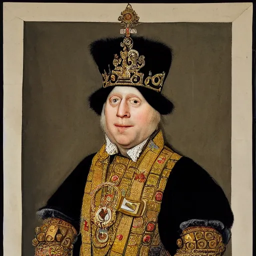 Image similar to Painting of the Ruler of the British Raj, the King Boris Johnson, painted by Hans Holbein, intricate, hyper-detailed, exhibited at the British Museum