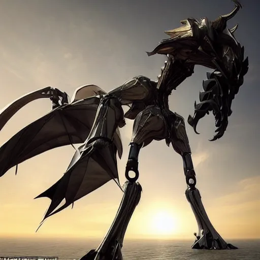 Image similar to looking up at a highly detailed 300 foot tall giant exquisite beautiful female warframe, as an anthropomorphic robot dragon, posing elegantly over your tiny form, detailed legs looming over you, camera on the ground, at the beach on a sunset, sleek streamlined design, streamlined matte black armor, sharp detailed claws, detailed sharp robot dragon feet, worms eye view, giantess shot, upward shot, ground view shot, leg shot, front shot, cinematic shot, high quality warframe fanart, captura, realistic, professional digital art, high end digital art, furry art, giantess art, anthro art, DeviantArt, artstation, Furaffinity, 8k HD render, epic lighting