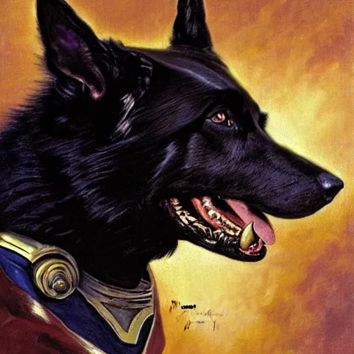 Image similar to a portrait of a man depicted as a black german shepherd dogman canine, star trek the next generation. highly detailed painting by gaston bussiere, craig mullins, j. c. leyendecker, furry