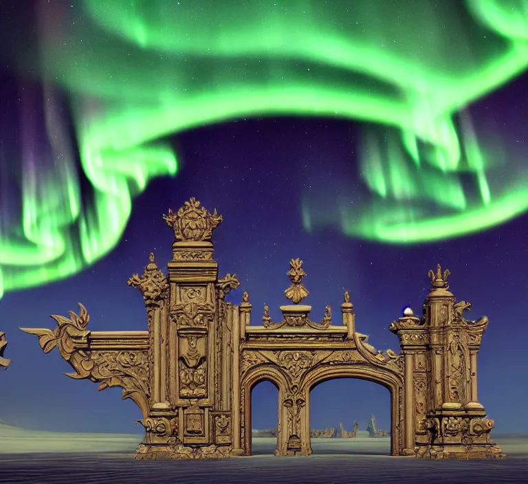 Image similar to a very detailed concept art of intricate and epic gates to aurora borealis, trending on artstation, symmetry, digital art, 4 k, hyper realistic, octane render, sharp focus