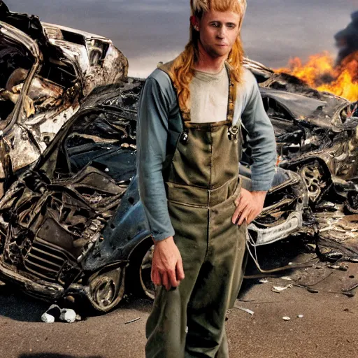 Image similar to close up headshot of a skinny high-fantasy elf with a long face narrow chin and spiky blonde hair wearing dark brown overalls and holding a bomb next to a destroyed car, high resolution film still, HDR color