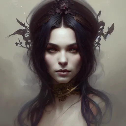 Prompt: beautiful natural dark witch, intricate, elegant, highly detailed, digital painting, artstation, concept art, smooth, sharp focus, illustration, art by artgerm and greg rutkowski and alphonse mucha and loish and WLOP