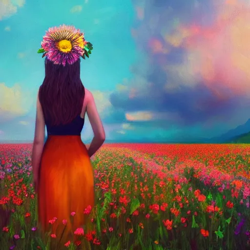 Image similar to girl with a flower for a head, surreal photography, dream, standing in flower field, magical, in a valley, sunrise dramatic light, impressionist painting, colorful clouds, artstation, simon stalenhag, flower face