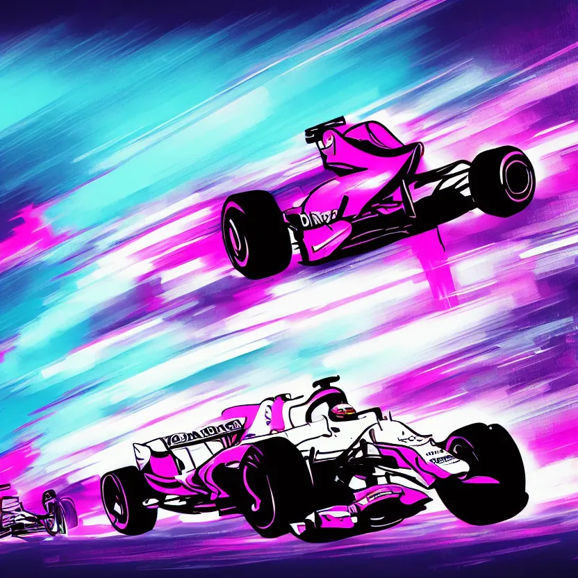 Prompt: formula one car, synthwave illustration, motion blur