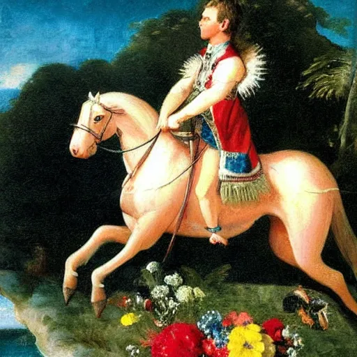 Image similar to a giant squirrel carrying napoleon!!! on its back, napoleon riding, beach scene with flowers and foliage, detailed oil painting