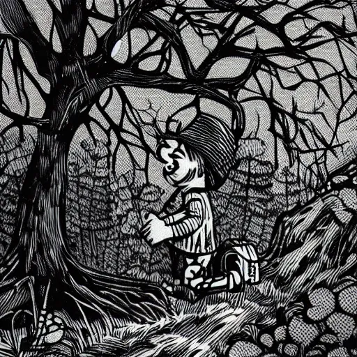 Image similar to little boy with a backpack in a forest, in the style of mcbess