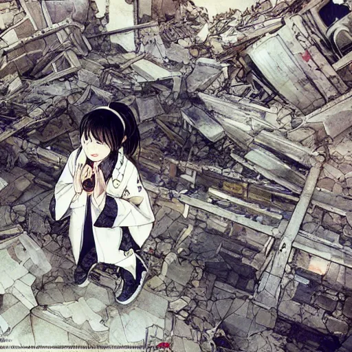 Prompt: cute japanese girl with small horns, dressed in an old white coat, praying on the floor of a destroyed church, with an cute smile, view from above, detailed artwork by Yoji Shinkawa