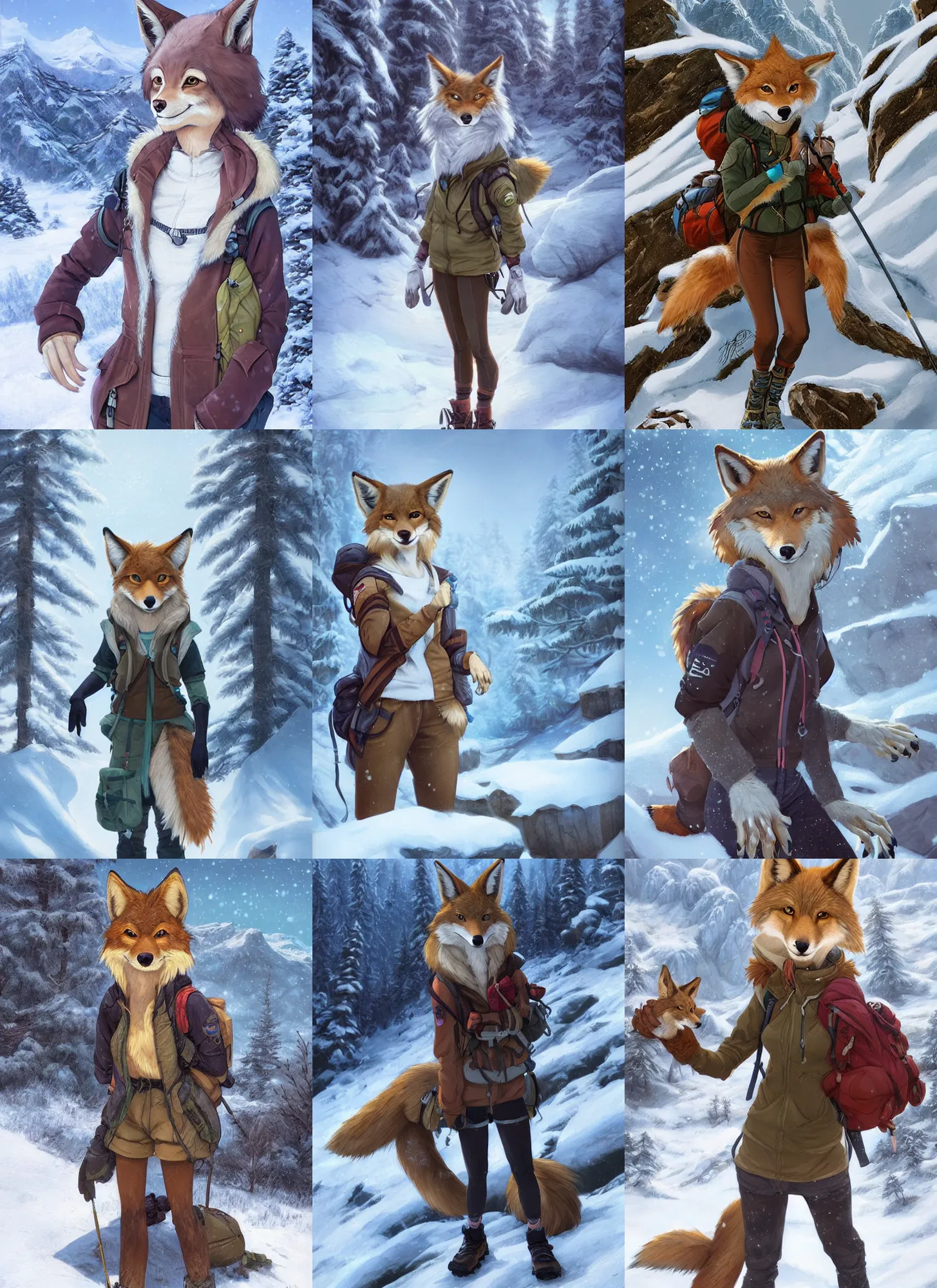 Prompt: beautiful portrait of a female anthropomorphic coyote fursona wearing hiking gear in the snowy mountains. detailed hands. character design by charlie bowater, ross tran, artgerm, and makoto shinkai, detailed, soft lighting, rendered in octane