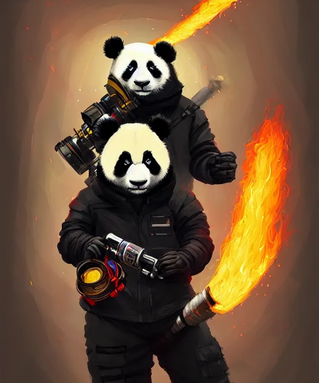 Prompt: a portrait of a cyberpunk panda holding a flamethrower, fantasy, elegant, digital painting, artstation, concept art, matte, sharp focus, illustration, art by josan gonzalez