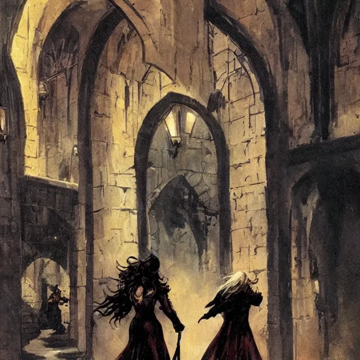 Image similar to female aurors at entrance of hogwarts by frank frazetta