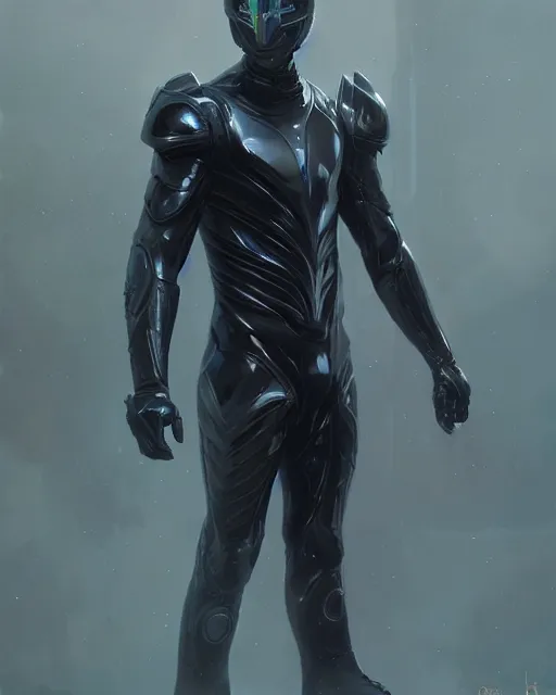 Image similar to character concept of iridescent sinewy smooth muscular male sleek glossy black pearlescent scifi armor with smooth black featureless helmet, by greg rutkowski, mark brookes, jim burns, tom bagshaw, magali villeneuve, trending on artstation