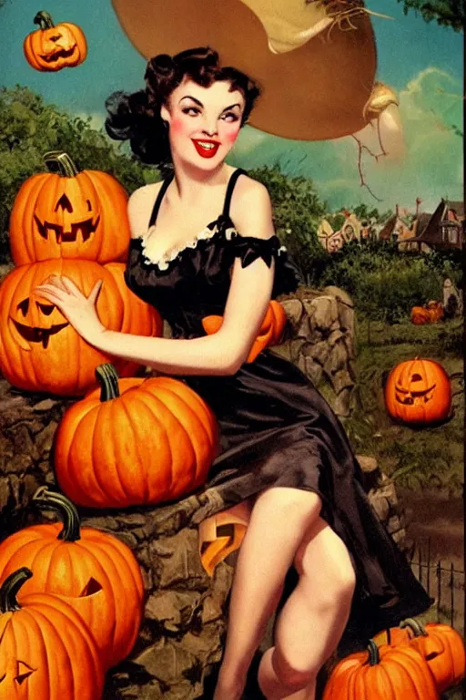 Prompt: a beautiful vampire picking out pumpkins by gil elvgren, halloween, highly detailed oil painting, vintage postcard, 1 9 5 0 s art print
