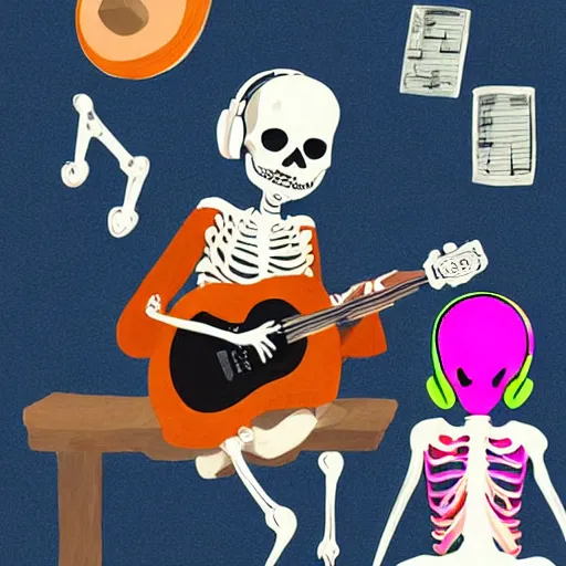 Image similar to skeleton wearing headphones watching girl playing guitar with her black cat standing next to her, digital art