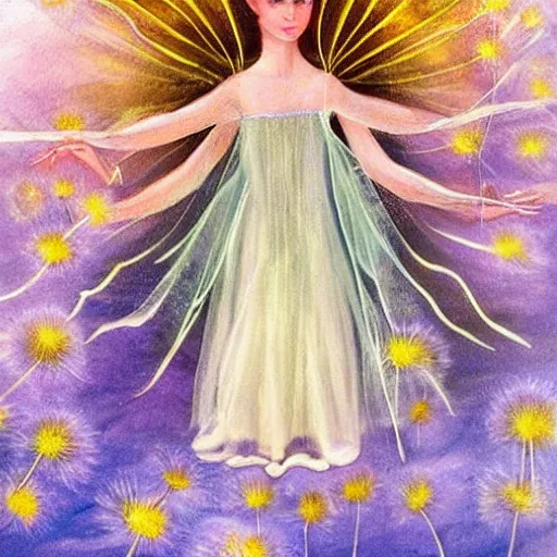 Prompt: a beautiful fairytale painting of a dandelion seed fairy