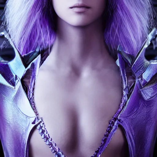 Image similar to “ purple warlock, victoria's secret model white hair, full body, highly detailed, photo realistic, dark fantasy atmosphere, froggy, 8 k, octane render, unreal engine ”