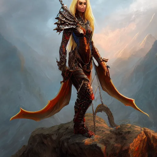 Image similar to a dragon woman wearing metal armor standing on the edge of a cliff, realistic, photoreal, fantasy, 8k, cinematic, colorful, elegant, highly detailed, centered, digital painting, artstation, concept art, sharp photo