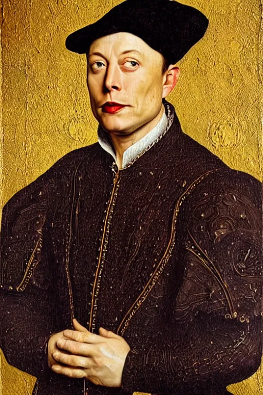 Image similar to portrait of elon musk, oil painting by jan van eyck, northern renaissance art, oil on canvas, wet - on - wet technique, realistic, expressive emotions, intricate textures, illusionistic detail