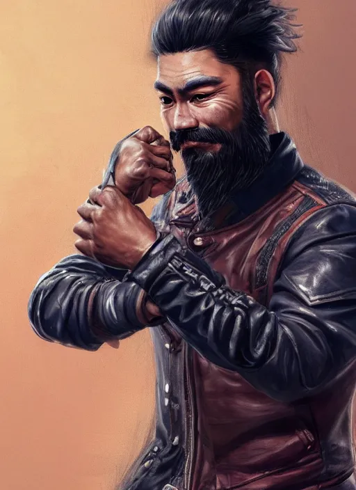 Prompt: a highly detailed illustration of bearded asian man wearing leather jacket with bandaged right hand, focused boxing philly shell stance pose, hands shielding face, intricate, elegant, highly detailed, centered, digital painting, artstation, concept art, smooth, sharp focus, league of legends concept art, WLOP