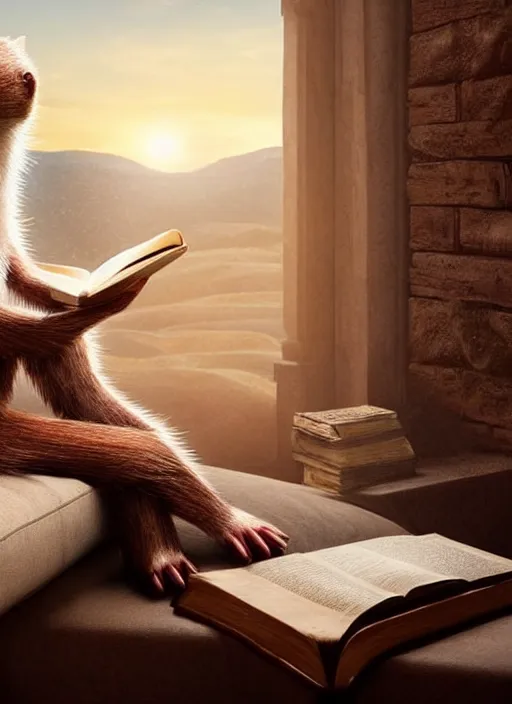 Image similar to A beautiful scene from a 2022 fantasy film featuring a humanoid polecat wearing loose white clothing reading an ancient tome on a couch. An anthropomorphic polecat. Golden hour.