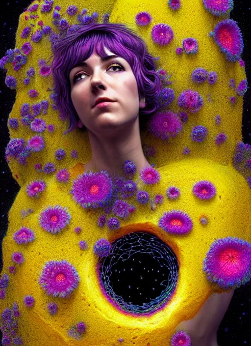 Prompt: hyper detailed 3d render like a Oil painting - Ramona Flowers with black hair in thick mascara seen Eating of the Strangling network of colorful yellowcake and aerochrome and milky Fruit and Her delicate Hands hold of gossamer polyp blossoms bring iridescent fungal flowers whose spores black the foolish stars by Jacek Yerka, Mariusz Lewandowski, Houdini algorithmic generative render, Abstract brush strokes, Masterpiece, Edward Hopper and James Gilleard, Zdzislaw Beksinski, Mark Ryden, Wolfgang Lettl, Dan Hiller, hints of Yayoi Kasuma, octane render, 8k