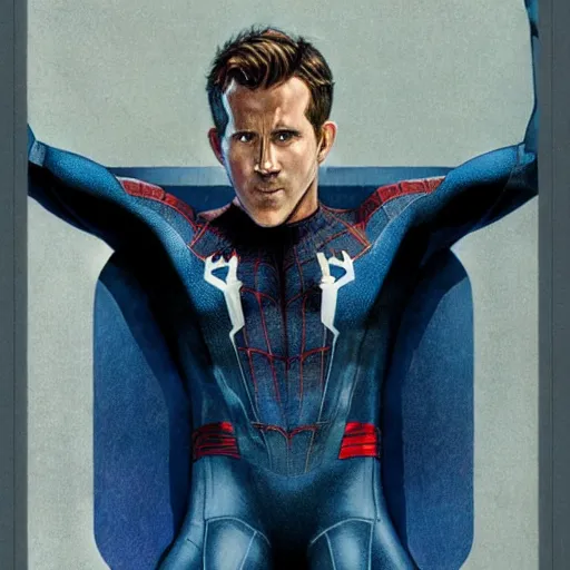 Image similar to ryan reynolds as spider - man, wearing a black and blue suit, cinematic, volumetric lighting, f 8 aperture, cinematic eastman 5 3 8 4 film, photorealistic by greg rutkowski, by stanley artgerm, by alphonse mucha