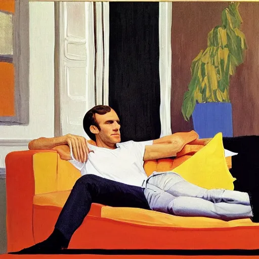 Image similar to emmanuel macron posing on a sofa, 1 9 7 0 living room, oil on canvas, by david hockney, bouguereau