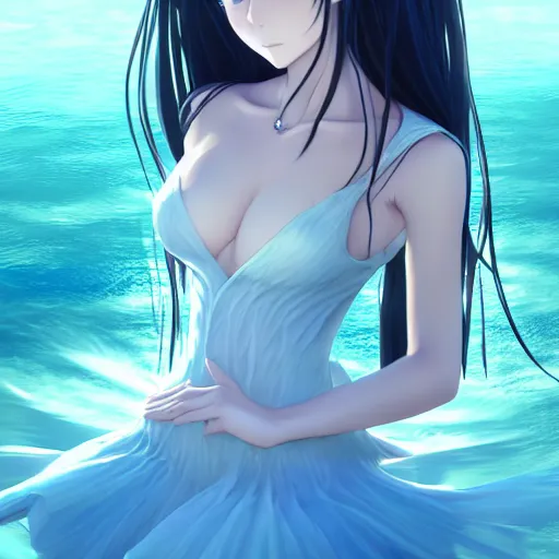 Image similar to advanced digital art, a very beautiful realistic anime girl wearing a dress made of water standing in a crystal lake , full body, very long black hair, azure blue watery eyes, full round face, seductive stare, cinematic lighting, medium shot, mid-shot, highly detailed, trending on artstation, Unreal Engine 4k, Stanley Artgerm Lau, WLOP, Rossdraws, James Jean, Andrei Riabovitchev, Marc Simonetti, and Sakimichan
