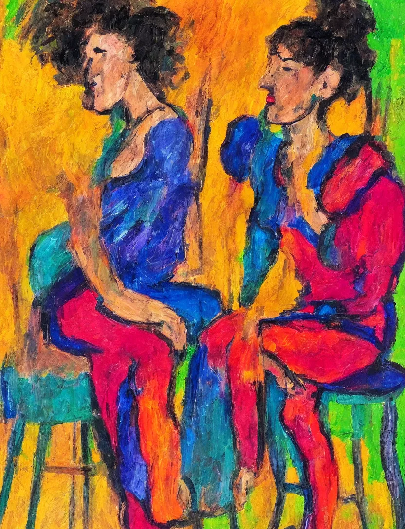 Prompt: A woman sitting on a stool reaching behind her with one hand. Close Shot. In the Style of Matthew Smith. Thick and colorful brush strokes.