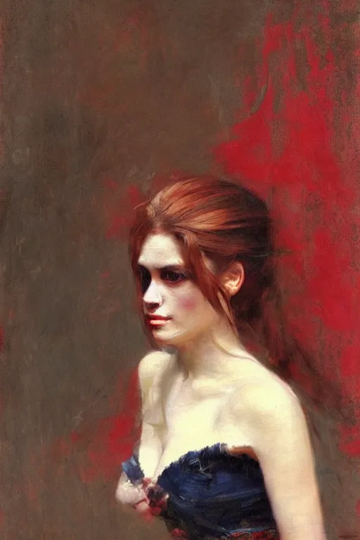 Image similar to Solomon Joseph Solomon and Richard Schmid and Jeremy Lipking victorian genre painting full length portrait painting of a young beautiful woman traditional german french Brigitte Bardot barmaid in fantasy costume, red background