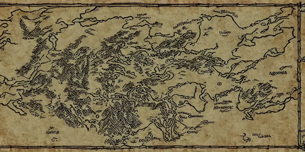 Image similar to face of a wolf in the style of a Map-style Skyrim, Lord of the rings map, zelda breath of the wild map, video game style, drawing on parchment