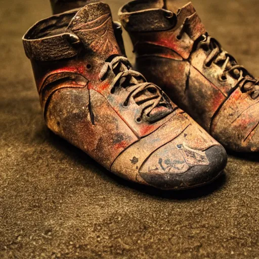 Prompt: a photo of a ancient medieval nike shoes, 4 k, ƒ / 8, focal length : 3 6 mm,