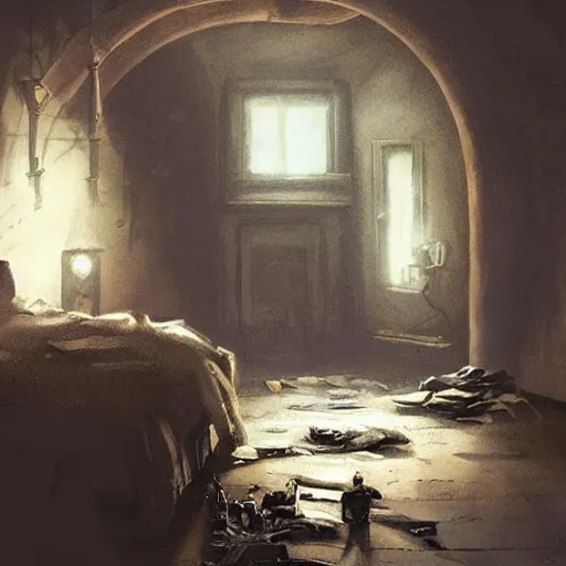 Prompt: detailed room in the sewer lair The room is a clean and delicate room over the bed there is a sword rack everythingis neat a stack of comics ,soft,light,bright,epic,awesome,digital art, by Simon beak and Greg rutkowski