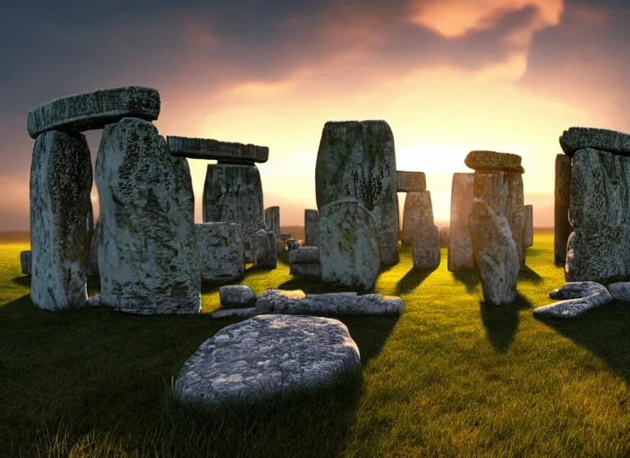 Image similar to sunrise at stonehenge, beautiful dynamic lighting, cinematic, wide angle establishing shot, extremely high detail, photo realistic, cinematic lighting, post processed, concept art, volumetric lighting, official fanart behance, hd, artstation, unreal engine 8k