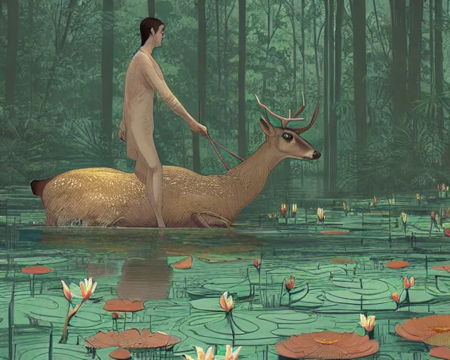 Image similar to a deer spirit walking in shallow water, surrounded by lily pads, digital art, illustrated by james gurney and victo ngai