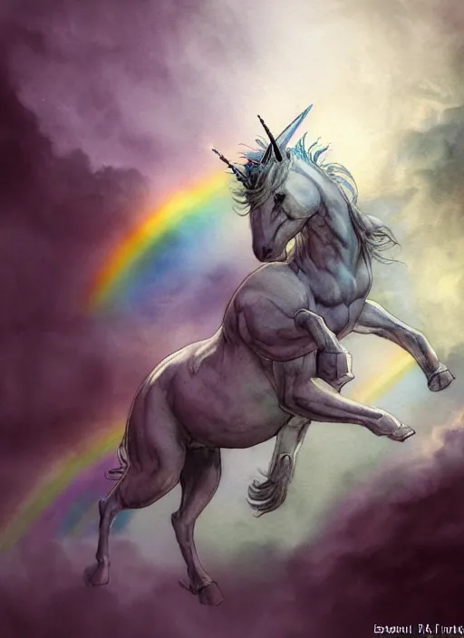 Image similar to portrait, a unicorn farting a rainbow, watercolor, dramatic lighting, cinematic, establishing shot, extremely high detail, foto realistic, cinematic lighting, pen and ink, intricate line drawings, by Yoshitaka Amano, Ruan Jia, Kentaro Miura, Artgerm, post processed, concept art, artstation, matte painting, style by eddie mendoza, raphael lacoste, alex ross