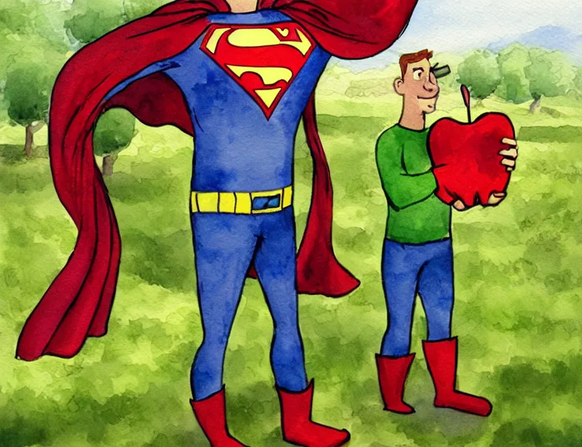 Image similar to cider - man, the superhero who really likes apple juice, in an orchard. this watercolor painting by the award - winning comic artist has dramatic lighting, an interesting color scheme and great sense of depth.
