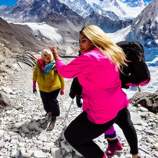 Prompt: blonde lady pushing obese indian woman in a wheelchair up mount everest
