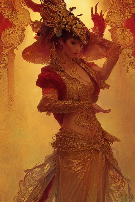 Image similar to tarot card artstation, portrait of an asian love dancer, sunrise, baroque ornamnet and rococo ornament, ancient chinese ornate, hyperdetailed, beautiful lighting, craig mullins, mucha, klimt, yoshitaka amano, red and gold and orange color palatte