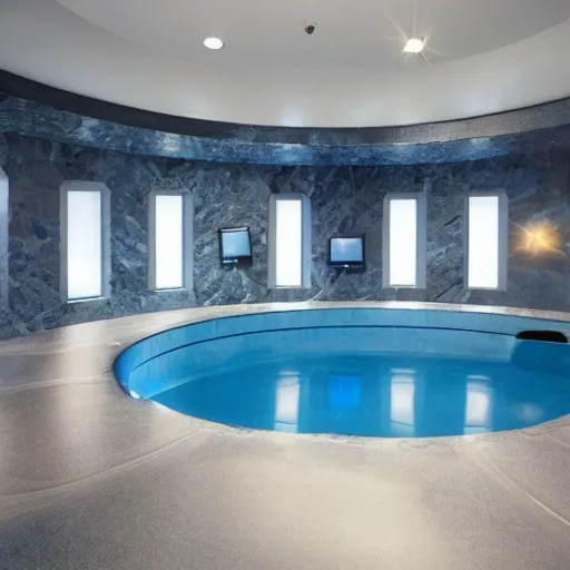 Prompt: a startrek futuristic with walls and floor made of blue granite. There is a small swimming pool on the floor