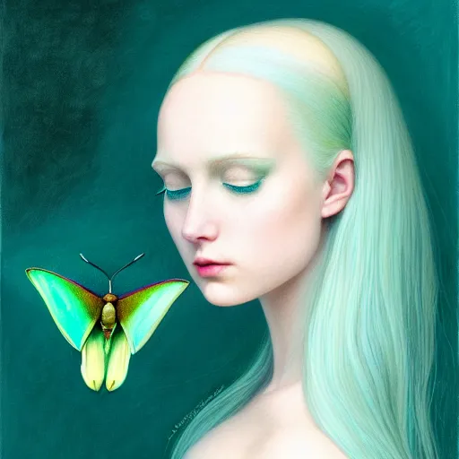 Image similar to portrait of girl with pale teal hair, luna moth, uniquely beautiful, fantasy, intricate, elegant, dramatic lighting, emotionally evoking symbolic metaphor, highly detailed, lifelike, photorealistic, digital painting, artstation, concept art, smooth, sharp focus, illustration, art by John Collier and Albert Aublet and Krenz Cushart and Artem Demura and Alphonse Mucha