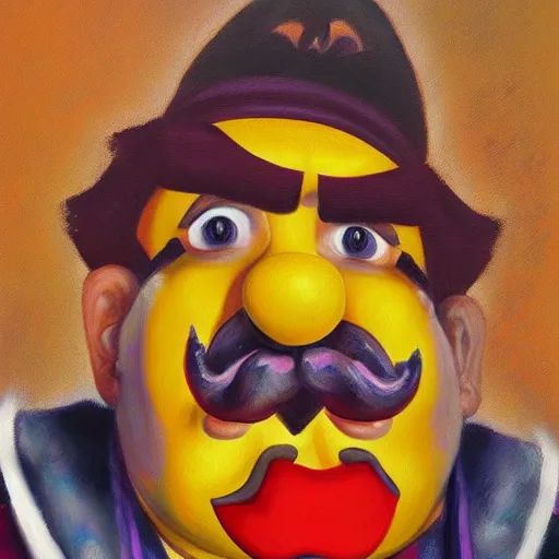 Image similar to wario from the mario series oil painted self - portrait ( greatly painted, beautifully painted by a renowned artist, greatly detailed. good quality painting, uhd, 4 k )