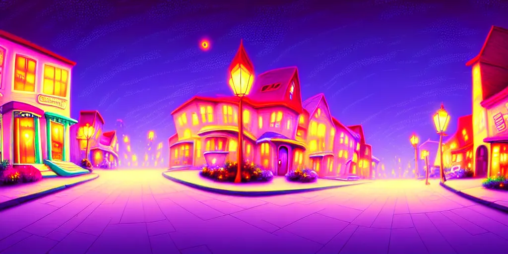 Image similar to curved perspective digital art of a summer night small town street pastel colors from tim burtons nightmare before christmas by petros afshar