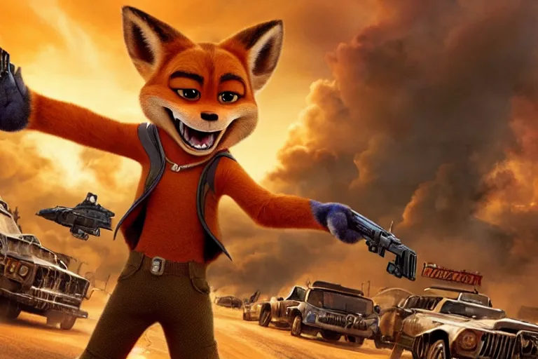 Image similar to nick wilde ( from zootopia ), heavily armed and armored facing down armageddon in a dark and gritty reboot from the makers of mad max : fury road