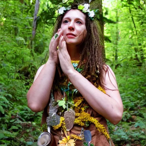 Prompt: beautiful naturalist woman, oregon country fair, living her full truth, enchanting, playing in a forest full of herbs and plants