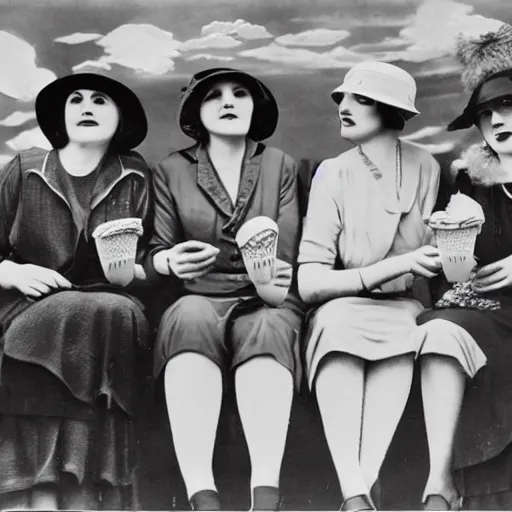 Prompt: Women from the 1920s wearing a man's suit eating ice cream, looking up at the clouds