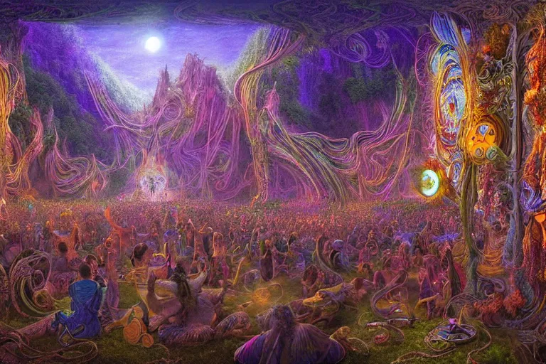 Image similar to a beautiful and highly detailed digital painting of psytrance festival in a secret valley, psychedelic patterns, intricate details, epic scale, 8 k, sharp focus, photorealism, artstation, cgsociety, by caspar friedrich, james gurney, alex grey, brian froud,