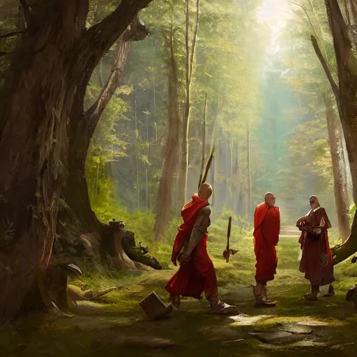 Image similar to 'A monk, bard, druid and a paladin are fighting together in the woods, art by Greg Rutkowski, 4k'