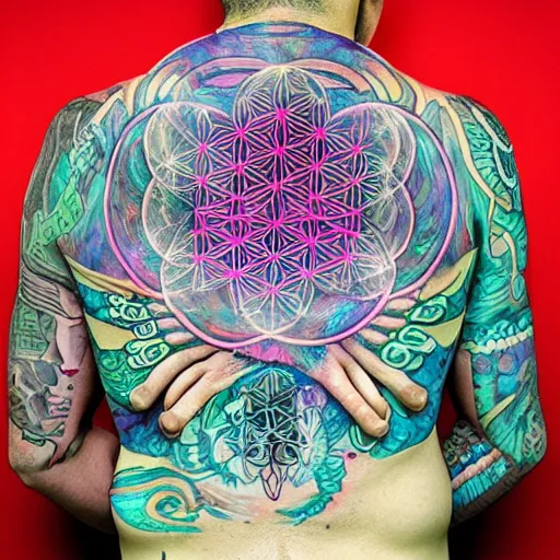 Prompt: medicine man with psychedelic face tatoos made with the flower of life, and golden ratio patterns, dimethyltriptamine visions 8 k /