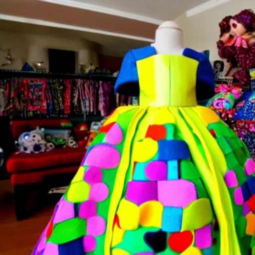 Image similar to a dress made entirely of children toys,